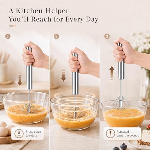 Stainless Steel Semi-automatic Egg Whisk, 2 Pack 7.9in & 11.8in Hand Push Mini Whisk, Effortless Egg Scrambler for Baking Cooking Whisking Beating & Stirring