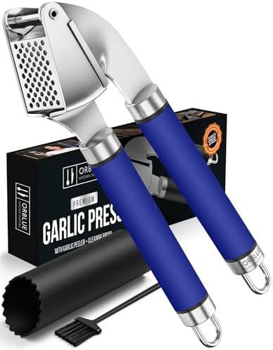 ORBLUE Garlic Press and Peeler Set, Stainless Steel - Professional Grade Mincer, Crusher - Dishwasher Safe & Rust-proof, Blue
