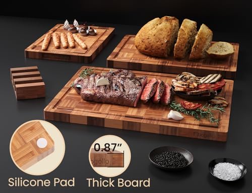 Fibogollo Set of 3 Bamboo Kitchen Cutting Boards with Juice Groove Large