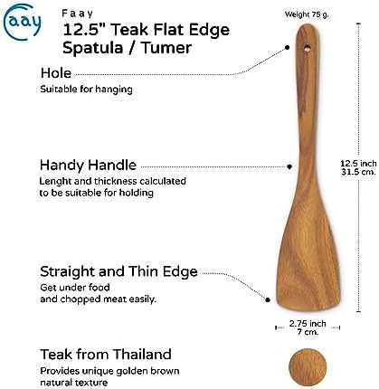 FAAY Teak Wooden Turner, Saute Paddle, Spatula, Compact - XL Size, Healthy and High Moist Resistance for Non Stick Cookware (12 Inch Flat Edge Spatula)