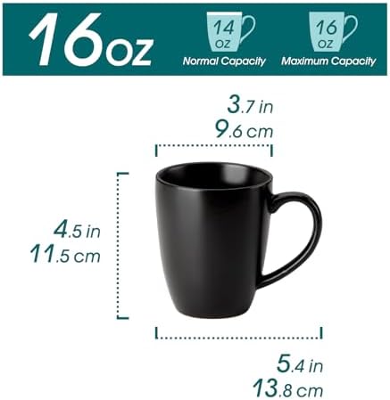 vancasso PLAYA Ceramic Coffee Mug Set of 6, 16 Oz Tea Cups with Handle for Latte, Tea, Cappuccino, Milk, Cocoa, Microwave&Dishwasher Safe, Black