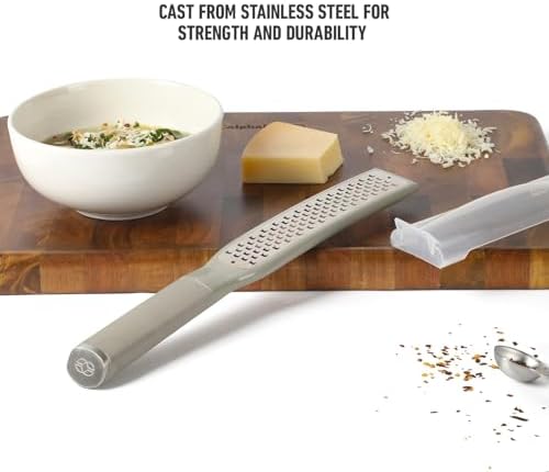 Calphalon Edge Lemon Zester, Stainless Steel Fine Citrus Grater for Lemon, Garlic & Ginger, Handheld Kitchen Zester with Protective Cover & Ergonomic Handle, Taupe