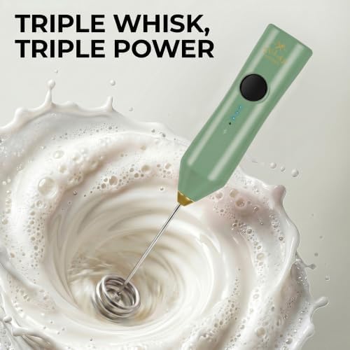 Zulay Kitchen Rechargeable Milk Frother Handheld - Frother Wand, Drink Mixer, Electric Whisk Frother, for Cappuccinos, Matcha & Protein Powder - Dynamic Triple Whisk, 3 Speed 500mAh Forrest Green Gold