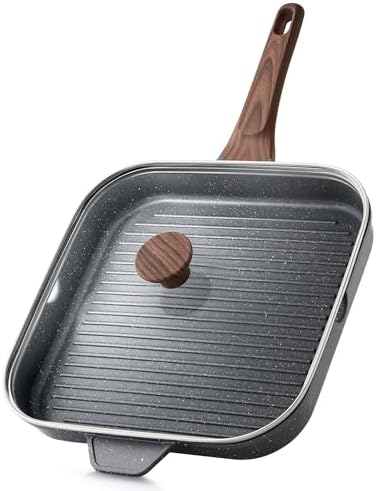 SENSARTE Nonstick Grill Pan with Lid, Grill Pan for Stove Tops, Versatile Griddle with Pour Spouts, Square Big Cooking Surface, Durable Skillet Indoor & Outdoor Grilling. PFOA Free, 12Inch