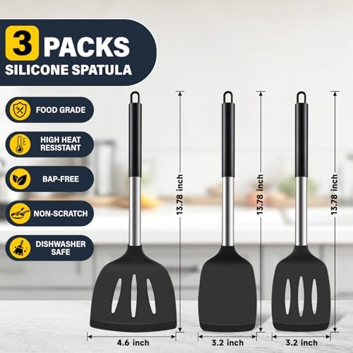 Silicone Spatula Set, Heat Resistant Fish Spatula, Solid & Slotted Turner for Non-Stick Pans, Silicone Cooking Utensils, BPA-Free, Flexible Kitchen Spatula for Flipping Eggs, Burgers, Black, 3 PCS-B