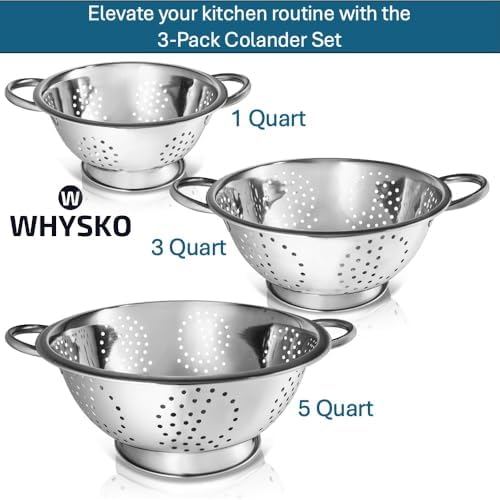 WHYSKO 3-Pack Stainless Steel Colander Set, 5, 3 & 1 Qt with Handles