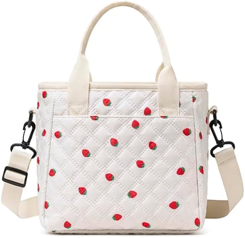 TuErCao Cute Strawberry Lunch Box for Women Lunch Bags for Work Small Insulated LunchBag for Picnic Travel Shopping, Portable Lightweight Ultrasonic Soft Touch LunchTote for Young Ladies
