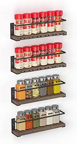 SpaceAid Spice Rack Organizer for Cabinet Door or Wall Mount (4 Pack) with 415 Spice Labels - Wood Hanging Seasoning Shelf for Cupboard Pantry or over the Stove