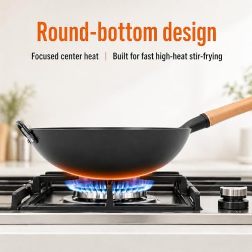 WANGYUANJI 14.2 Inch Round Bottom Carbon Steel Wok, Nitrided Iron Chinese Stir Fry Pan for Gas Wok Burner, Wok Ring Needed for Flat Gas Grates, Wooden Handle