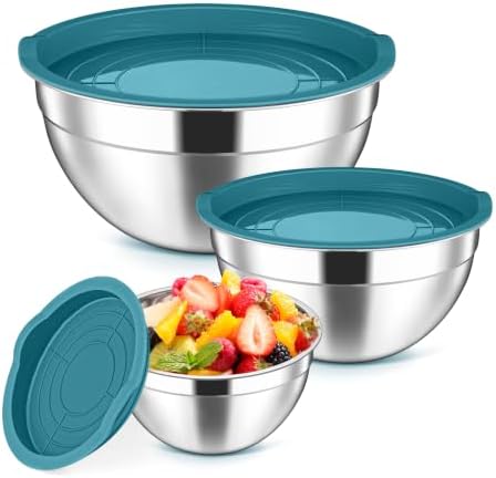 Herogo Stainless Steel Mixing Bowls with Lids Set of 3, 1.5/3/4.6Qt, Blue