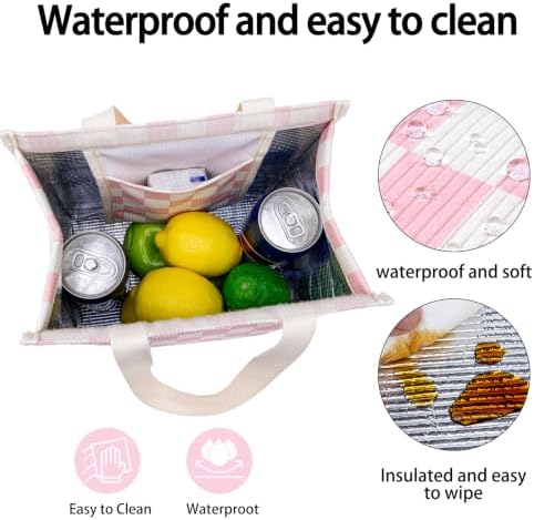 Insulated Lunch Bag for Work, 10.2"x5.9"x10.2" Oxford Waterproof Lunch Tote, Thermal Lunch Box for Office, Picnic & Outdoor, Striped Canvas Tote Bag -Check Pink
