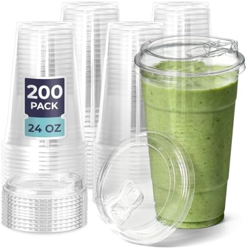 Fit Meal Prep 200 Pack 24 oz Clear Plastic Cups with Strawless Sip Lids, Disposable Plastic Coffee Cups with Lids, To Go Cups for Iced Coffee, Smoothies, Soda, Party Drinks, Bubble Tea, Cold Beverage
