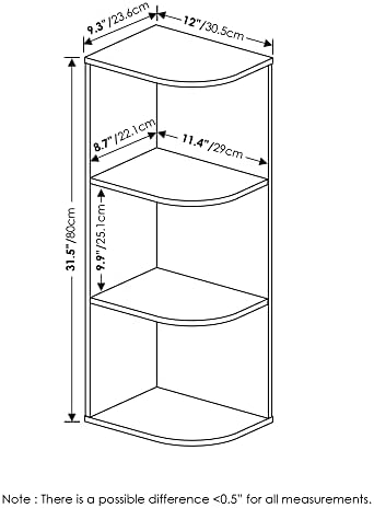 Furinno PASIR Book Shelf, 3-Tier Corner Bookshelf with Open Shelf, Standing Bookcase, 9.3 x 12 x 31.5 for Organization and Storage, for Living Room, Bedroom, Home Office, White