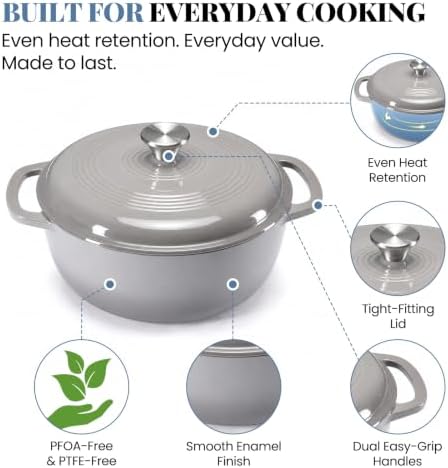 DUMOS Cast Iron Dutch Oven, 6 Quart Pot with Lid, Enameled Heavy Duty Cookware, Oven Safe to 500°F, Perfect for Bread Baking, Braising, Stews and Roasting, Moisture Sealing Lid with Dual Handles, Grey