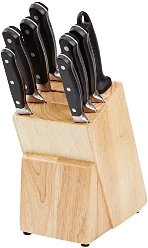Amazon Basics 9-Piece High-Carbon Stainless Steel Kitchen Knife Set with Ergonomic Handles, Full Tang Construction, Pine Wood Block, Black