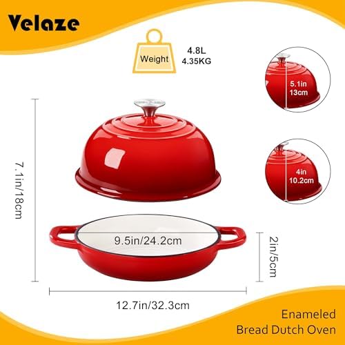 Velaze 5 QT Enameled Cast Iron Dutch Oven for Bread Baking with Dome Lid