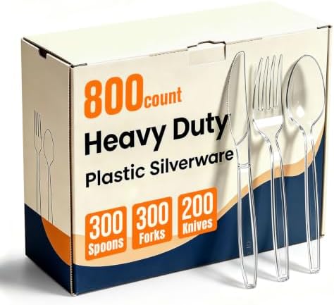 800 Count Plastic Silverware Heavy Duty, 300 Forks, 300 Spoons, 200 Knives