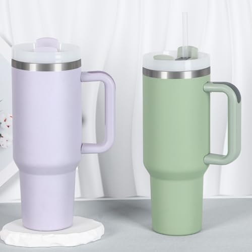 4 Pack 40 Oz Tumbler with Handle Bulk, Double Wall Vacuum Insulated Stainless Steel Tumbler with Lid and Straw, 40 oz cup with Silicone Spill Proof Stopper Set (Cream,Purple,Dark Green,Rose Quartz)