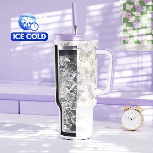 Meoky 40 oz Tumbler with Handle and Straw: Stainless Steel Insulated Tumbler with Lid and Straw - 100% Leak Proof Tumbler for Car Cup Holders - Travelers Commuters Workers, Gold Butterfly