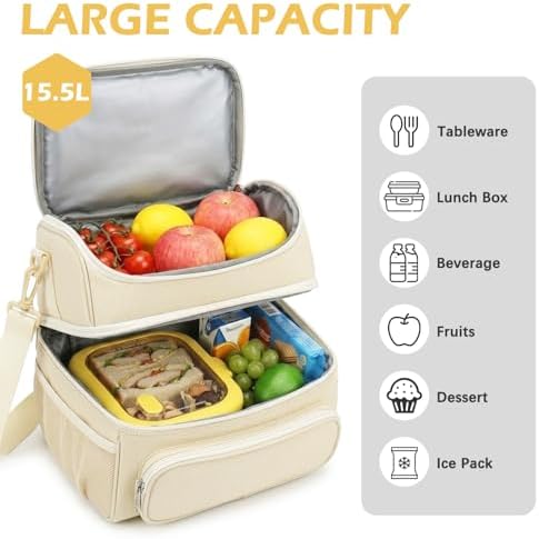 FlowFly Double Layer Cooler Insulated Lunch Bag Adult Lunch Box Large Tote Bag for Men, Women, With Adjustable Strap,Front Pocket and Dual Large Mesh Side Pockets