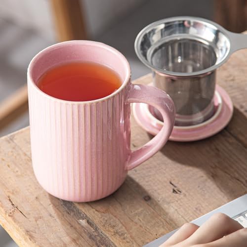 Yundu 15.5oz/470ml Flambe Pink Ceramics Teacups with Infuser and Lid, Loose Leaf Tea Cup