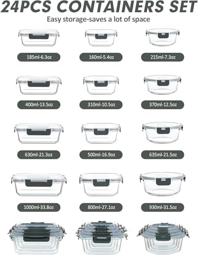 VERONES 12 Packs Glass Food Storage Containers Set with Lids, Grey