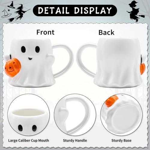 20 oz Halloween Ghost Mug Decorations, Ceramic Cute Ghost Coffee Cup with Pumpkin, Large Halloween Drinkware Gifts for Adults Kids