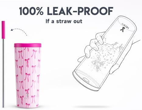 Meoky 24 oz Insulated Tumbler with Lid and Straw, Stainless Steel Vacuum Insulated Tumbler, Keeps Cold for 24 Hours, 100% Leak Proof, Fits in Car Cup Holder (Bow)