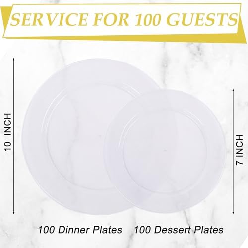 FLOWERCAT 200PCS Clear Plastic Plates Disposable Plates for Party - Clear Bulk Plastic Plates - 100 10" Dinner Plates and 100 7" Salad Plates for Weddings, New Year,Christmas Parties and Events
