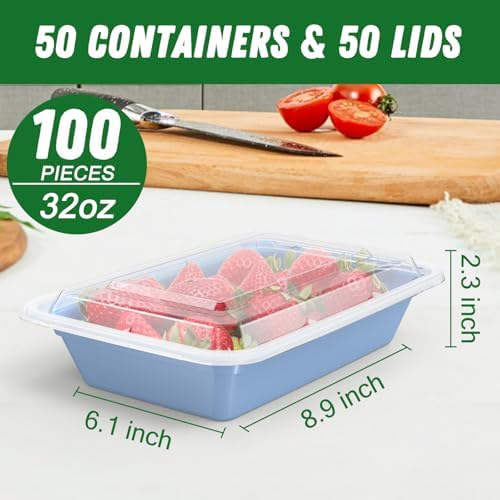50 Pack (100-Piece) 32 oz Meal Prep Containers with Easy Open Lids, Blue