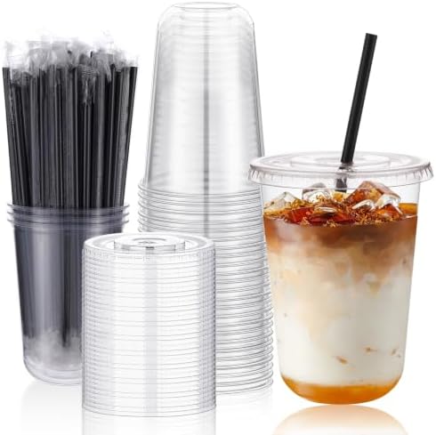 tchrules 25 Set 16oz Clear Plastic Iced Coffee Cups with Lids and Straws