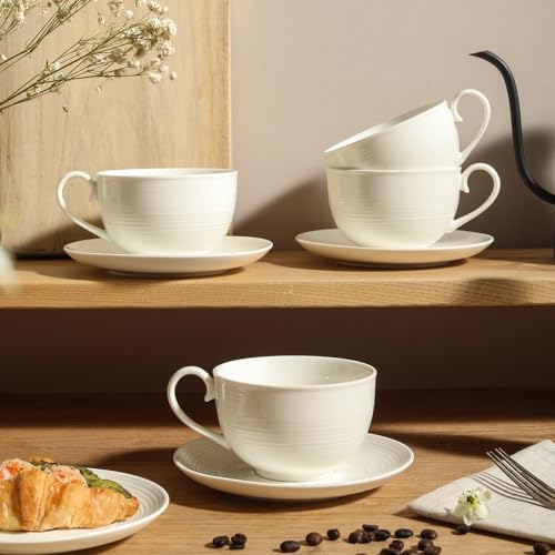 12 oz Cappuccino Cups with Saucers, Ceramic Coffee Cups Set of 4, White Latte Cup and Saucer, Elegant Tea Mugs Set, Microwave Dishwasher Safe Drinkware for Cafe, Housewarming Gift