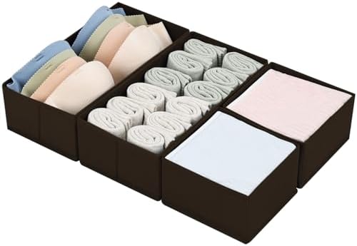 DIMJ Drawer Organizer Clothes, Underwear Drawer Organizer, Set of 4 Foldable Closet Drawer Bins, Fabric Drawer Dividers for Baby Clothes, Socks, Belt, Tie (Brown)
