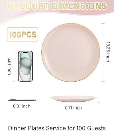 Nervure 100PCS Pink and Gold Plastic Plates, 10.25″ Disposable Dinner Plate