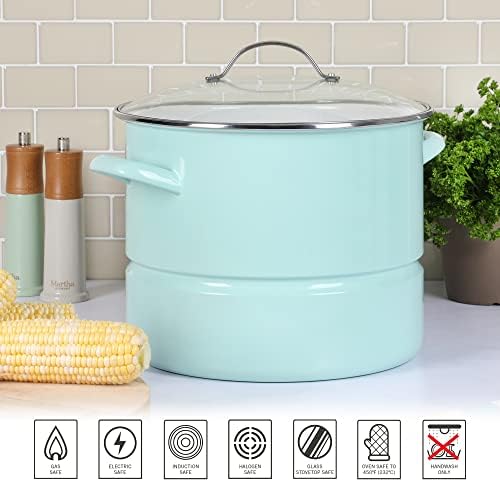Martha Stewart Thayer 16-Quart Enamel On Steel Scratch Resistant Steamer Stock Pot w/Stainless Steel Insert - Martha Blue