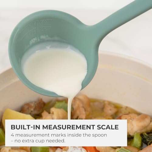 Elihome Classic 10.5 inch Silicone Soup Ladle Cooking Spoon: 600ºF Heat Resistant 2 oz Non-stick Seamless Rubber Kitchen Deep Serving Spoon with Non Slip Long Handle for Cooking Sauce Stews Gravy Red