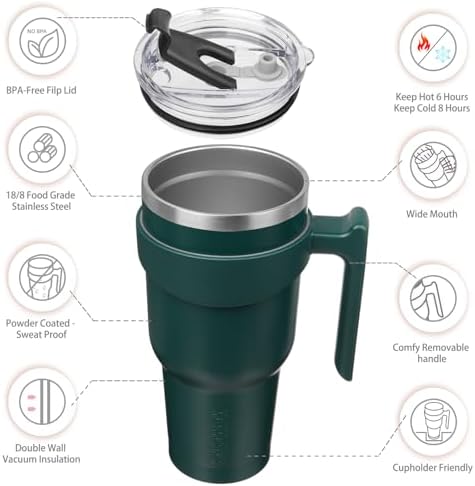 BJPKPK 40 oz Tumbler with Handle & Straw, Insulated Stainless Steel Mug