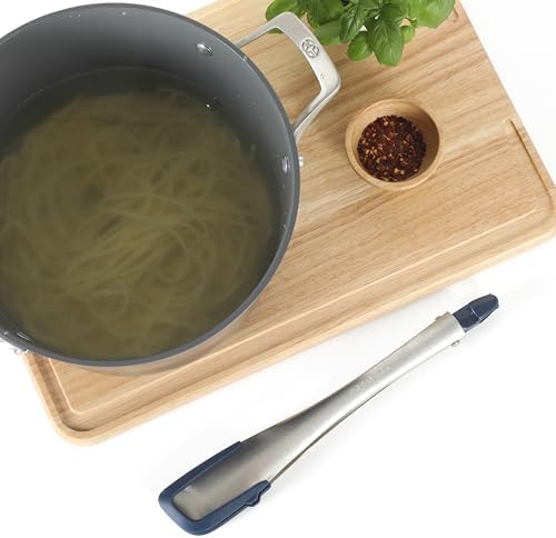 Calphalon Prime 12-Inch Kitchen Tongs, Stainless Steel Grilling Tongs with Navy Silicone Heads, Heat-Resistant Locking Kitchen Tongs with Ergonomic Weighted Handle