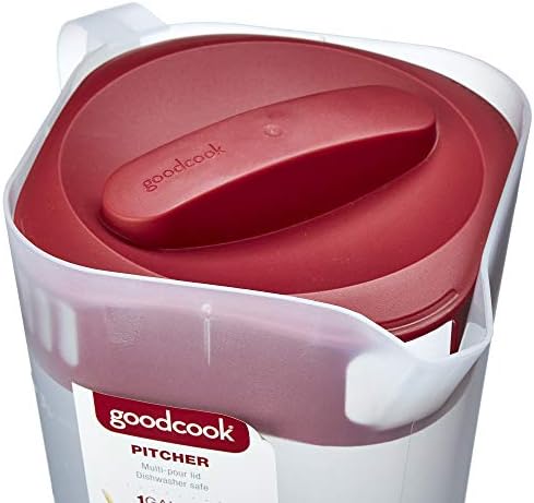GoodCook 1 Gallon Pitcher with Embossed Measurements, Integrated Pour Spout & 4 Way Lid, Made Without BPA, Clear/Red