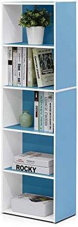 Furinno LUDER Book Shelf, 5-Tier Bookshelf, Bookcase with Open Shelves, 9.4 x 15.8 x 52, Easy Assembly, for Living Room, Bedroom, Home Office, White/Light Blue