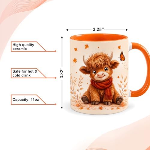 Hyturtle Highland Cow Coffee Mug, Cute Fall Maple Leaf Gift For Cow Lovers