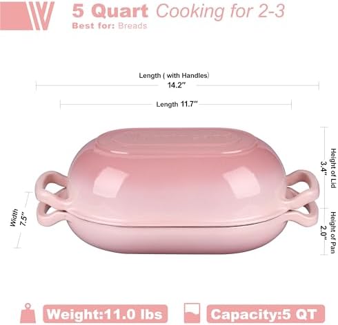 VORRINGARD Enameled Cast Iron Sourdough Bread Oven, Dutch Oven, Loaf Cast Iron Bread Pan for Homemade Bread Baking, Meatloaf Pan with Lid, 5QT, Pink