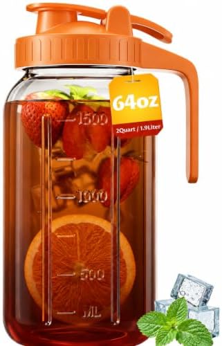 64oz (2quart) Mason Jar Pitcher, Glass Pitcher with Lid for Tea & Cold Brew