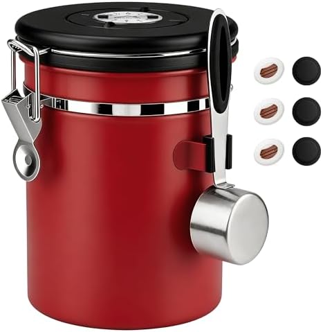 ShanSon Coffee Canister Airtight, Stainless Steel Bean Storage Container with Date Tracker & Scoop, Grounds Sugar Flour Tea Cereal Fits Kitchen Pantry, Ideal Gift for Coffee Lovers,22oz,Red