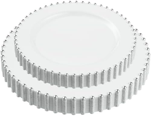 PLASTICPRO 32 Piece Combo Plastic Dinner Plates Disposable Plastic Fancy Heavy Duty Party Dishes 7 inch and 10 inch, White and Silver Beaded