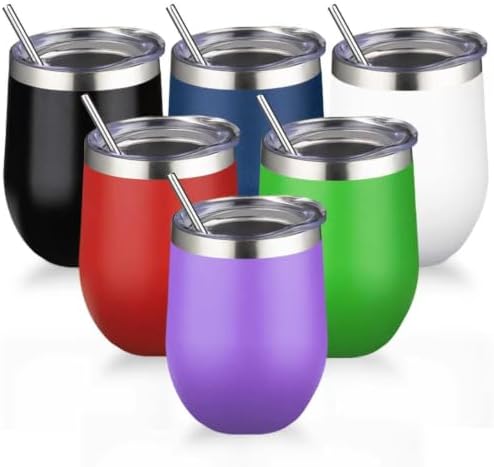 12oz/6 Pack Stainless Steel Wine Tumbler with Lid and Straw, Double Wall Vacuum Insulated Wine Tumbler Glasses, Stemless Travel Mugs for Hot and Cold Drinks, Coffee, Wine, Cocktails （Mix Color-2）