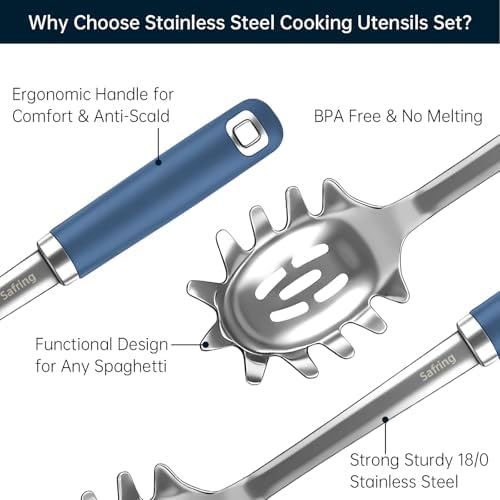 Safring Stainless Steel Soup Ladle and Spaghetti Spoon Set, Heat Resistant Rubber Handle, Dishwasher Safe, Kitchen Utensils for Cooking, Stirring, Serving Pasta, Soup & Sauce (Blue)