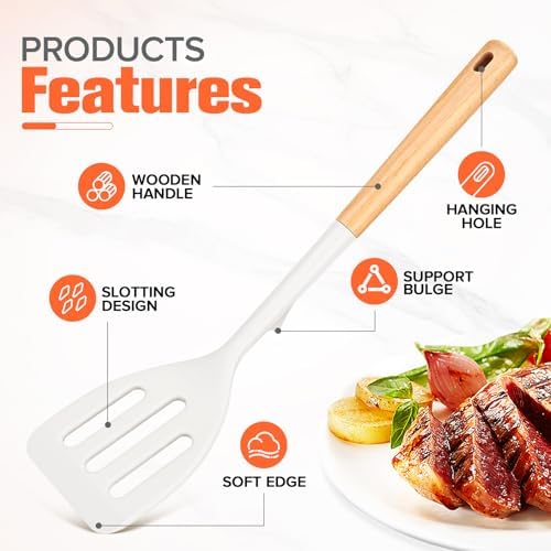 Extra Large Silicone Spatula Turner Set with Wooden Handle (White)