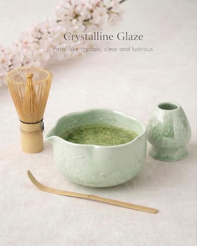 Matcha Set, 4-Piece Matcha Whisk Set with Crystal Glazed Bowl