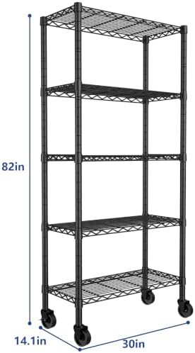 REGILLER 5-Wire Shelving Metal Storage Rack Adjustable Shelves,Standing Storage Shelf Units for Laundry Bathroom Kitchen Pantry Closet(Black,14.1" D x 30" W x 82" H,With Wheels)
